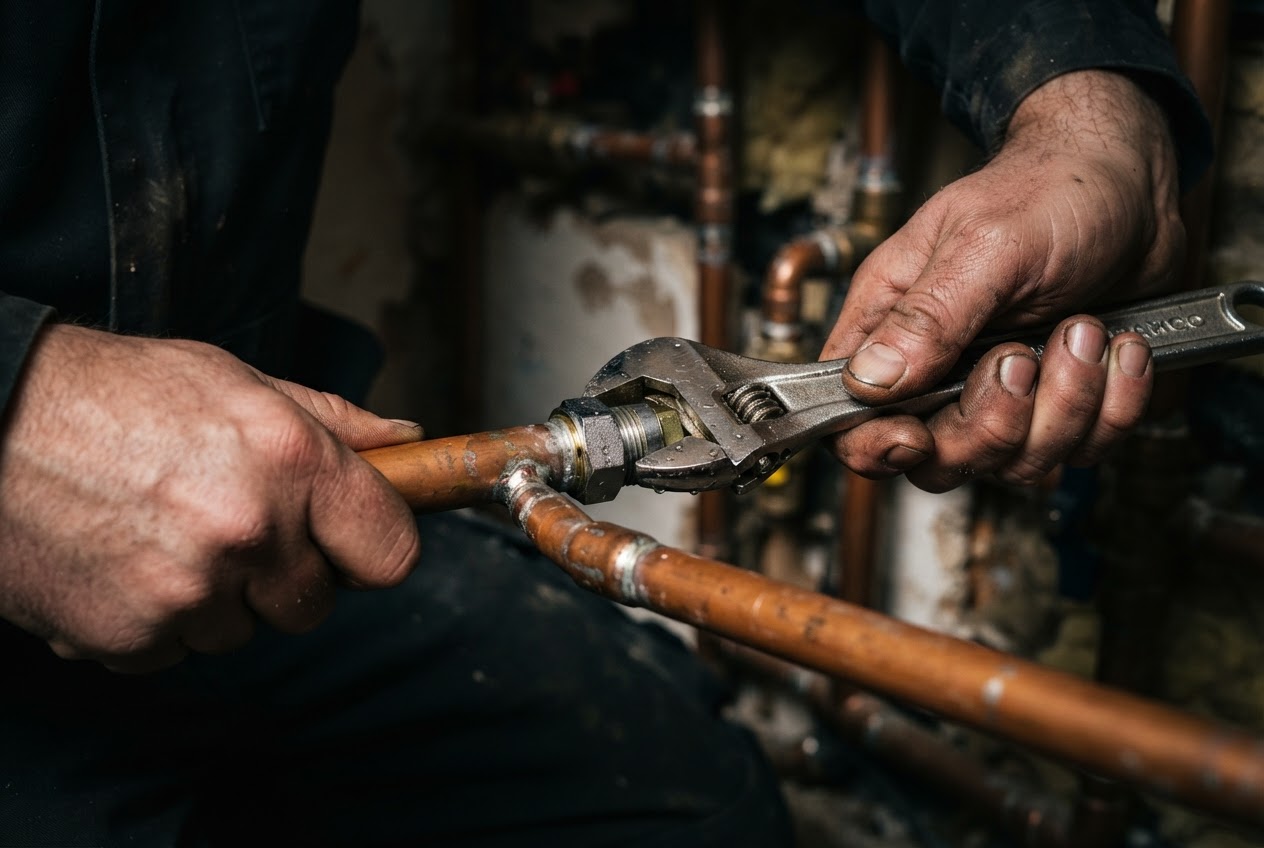 Plumber working on copper pipework