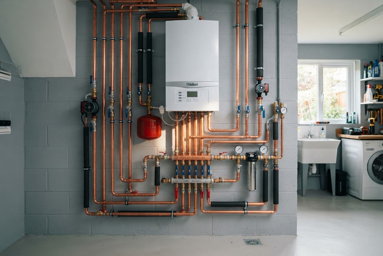 Professional boiler installation with copper pipework
